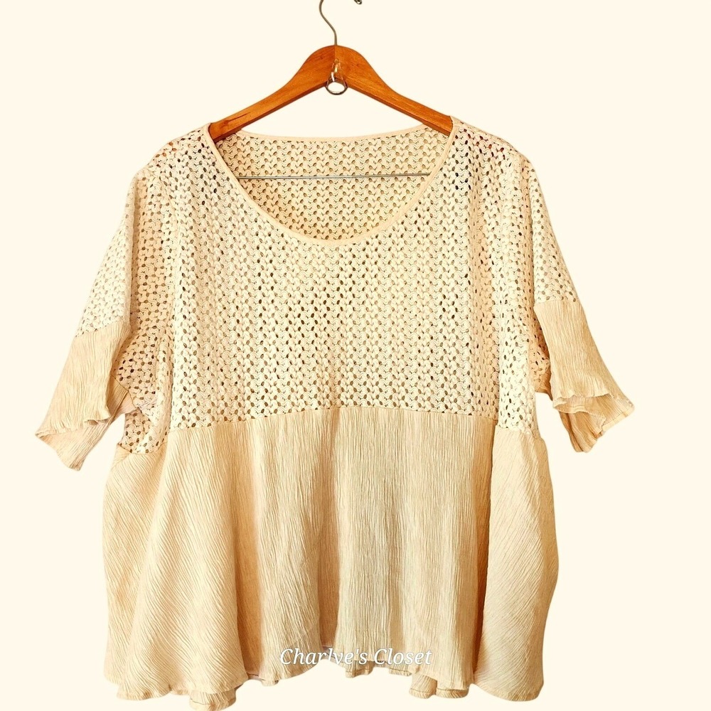 Mesh Gauze Mixed Media Flowy Top 3X Plus Boho Soft Flutter Sleeve Resort Beach - Picture 2 of 4